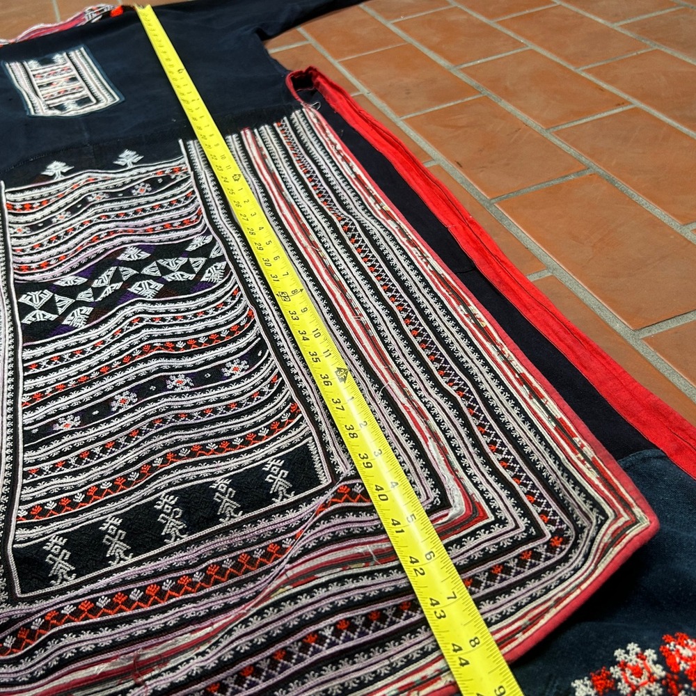 Vintage Hmong Tribal Robe Coat Indigo Hand Embroidered Long Duster Jacket Black - Picture 5 of 6